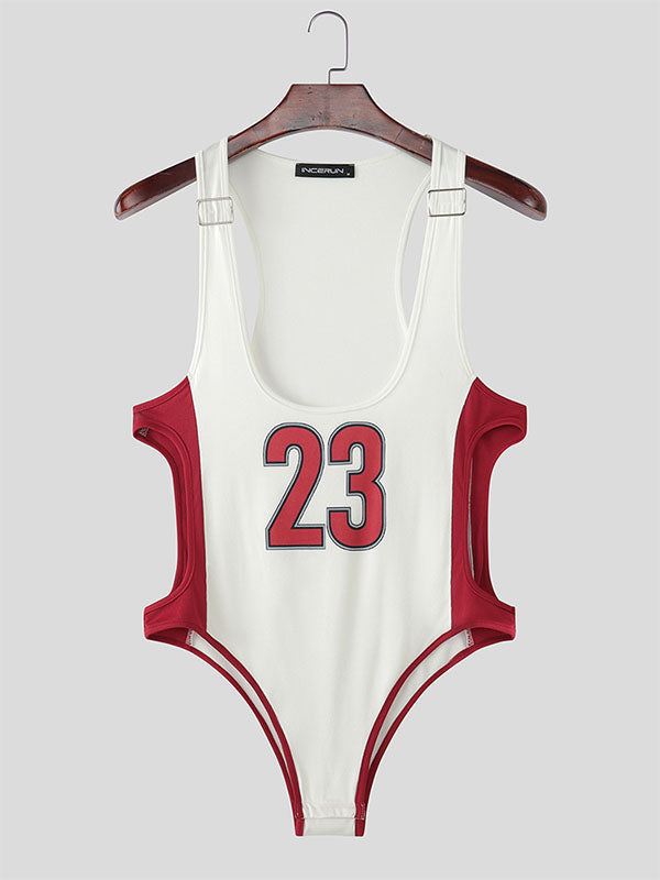 Men's Number Print Knit Side Hollow Bodysuit SKUL16806