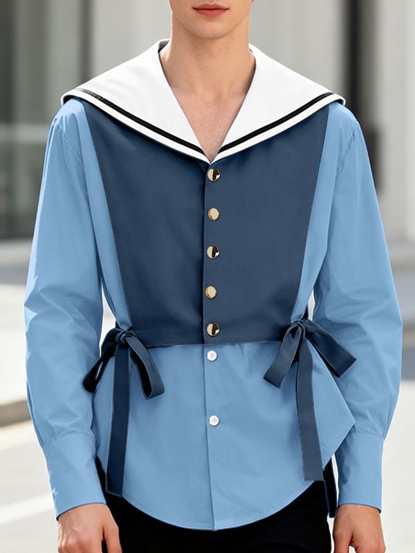 Men's Contrast Color Sailor Collar Long Sleeve Shirt SKUL46106