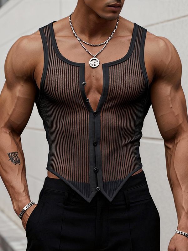 Men's Avant-Garde Vertical Striped Sheer Mesh Button-Down Tank SKUL55295