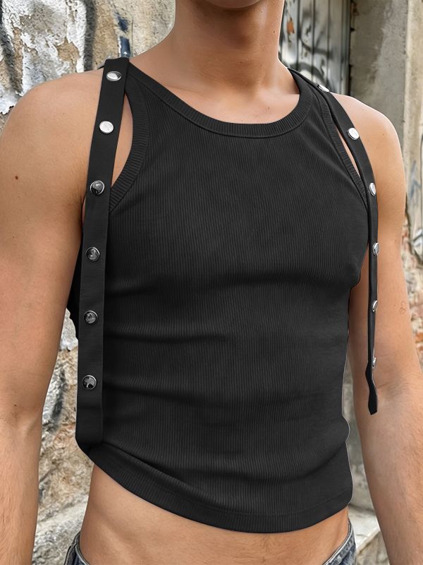 Men's Decorative Snap-Button Straps Patchwork Knit Crop Tank SKUL58716