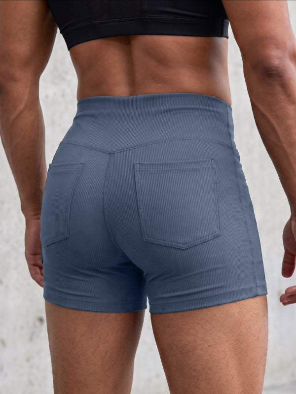 Men's Gym Vertical Ribbed V-Back Yoke Butt Lifting High Waist Back Pocket Short SKUL81924