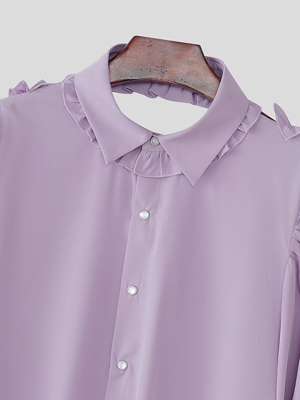 Men's Ruffle Patchwork Open Back Long Sleeve Shirt SKUL41298