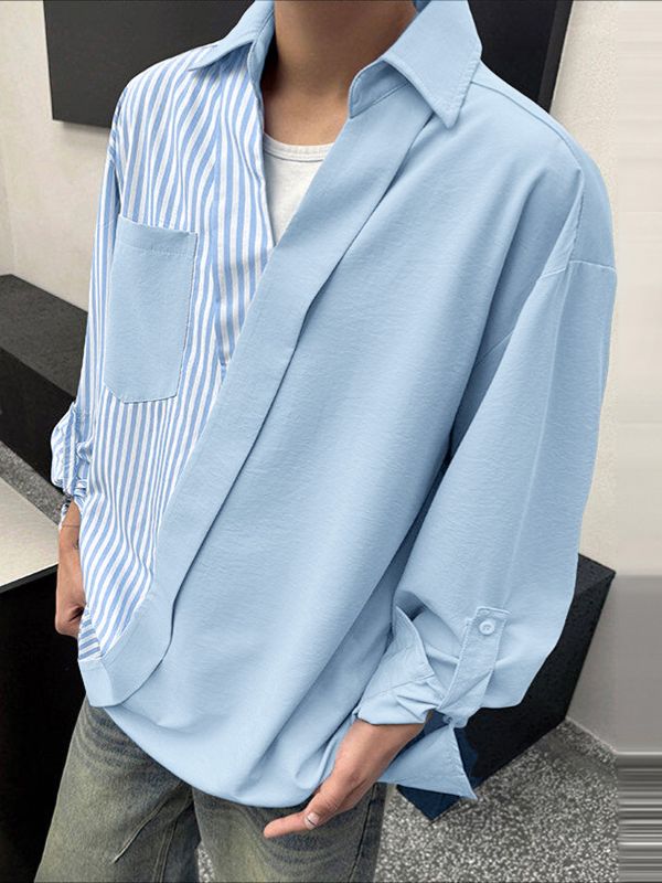 Men's Striped Contrast Color Asymmetrical Long Sleeve Shirt SKUL46425