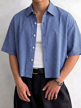Men's High Street Casual Plaid Boxy Cropped Short Sleeve Shirt SKUL74586