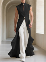 Mens Solid Color Ruffled Long Hem Sleeveless Waistcoat SKUL23716