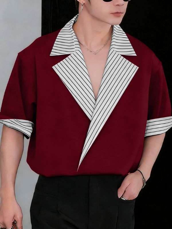 Men's Avant-Garde Contrast Stripe Oversized Notched Lapel Short Sleeve Shirt SKUL60167
