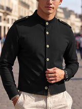 Men's Smart-Casual Military-Inspired Mandarin Collar Slim Fit Shirt SKUL77983