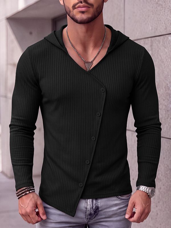 Men's Avant-Garde Urban Casual Asymmetrical Slanted Button Ribbed Knit Long Sleeve Hooded Sweatshirt SKUL81825