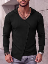 Men's Avant-Garde Urban Casual Asymmetrical Slanted Button Ribbed Knit Long Sleeve Hooded Sweatshirt SKUL81825