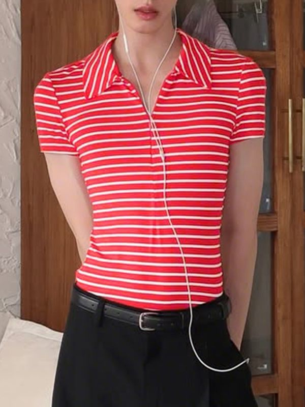 Men's Striped Zipper Turn Down Collar Short Sleeve T-shirt SKUL47695