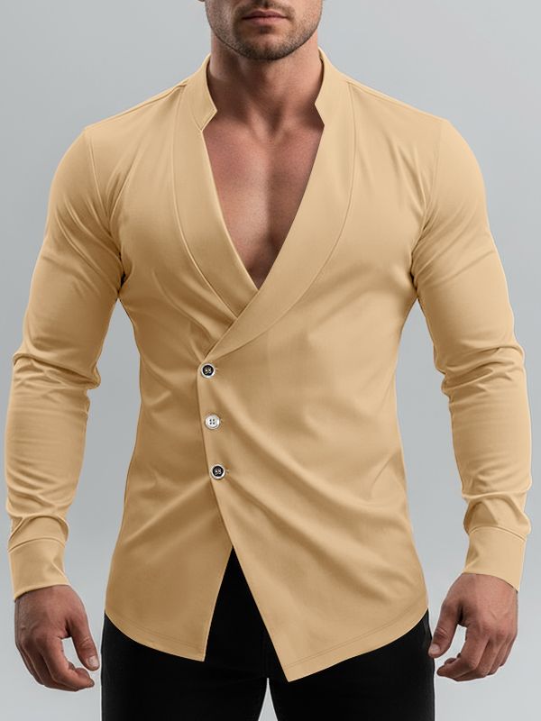 Men's Minimalist Asymmetrical Placket Deep V Neck Long Sleeve Shirt SKUL46281