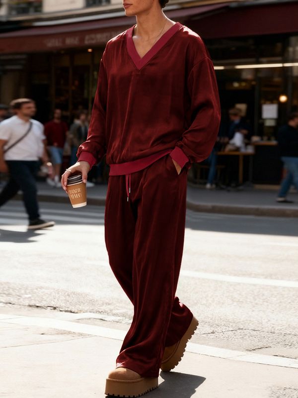 Men's Solid Color Casual V Neck Two Piece Outfit SKUL50056