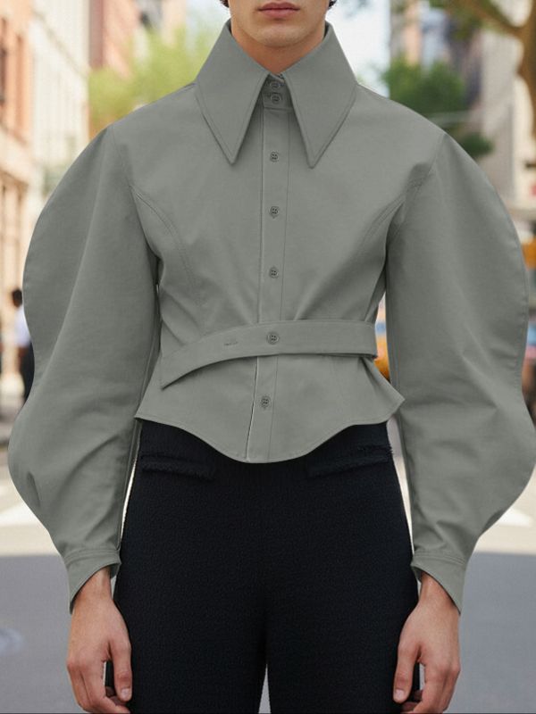 Men's Solid Color Cinched Waist Gigot Sleeve Shirt SKUL47870