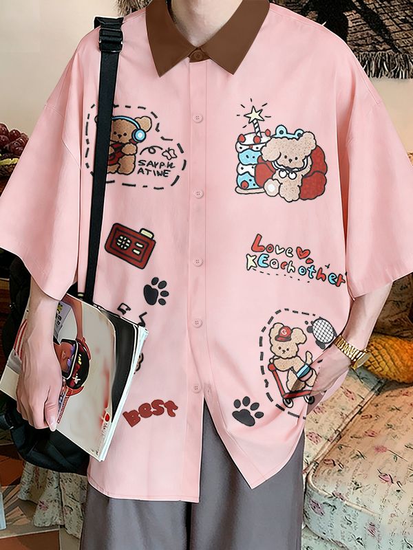 Men's Fun Print Contrast Collar Short Sleeve Shirt SKUL45998