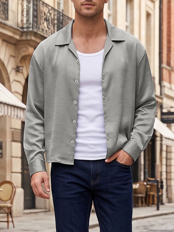 Men's Yuppie Streetwear Silky Satin Boxy Cropped Long Sleeve Button-Up Shirt SKUL79040