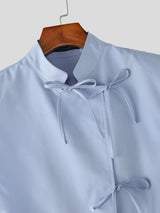 Men's Vintage Modern Chinese Slant Placket Tie-Knot Mandarin Collar Cap-Sleeve Shirt SKUL64088