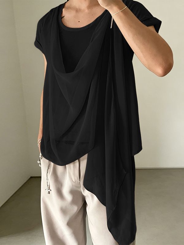 Men's Elegant Genderless Aesthetic Draped Asymmetric Fake Two Piece Chiffon T-shirt SKUL60126