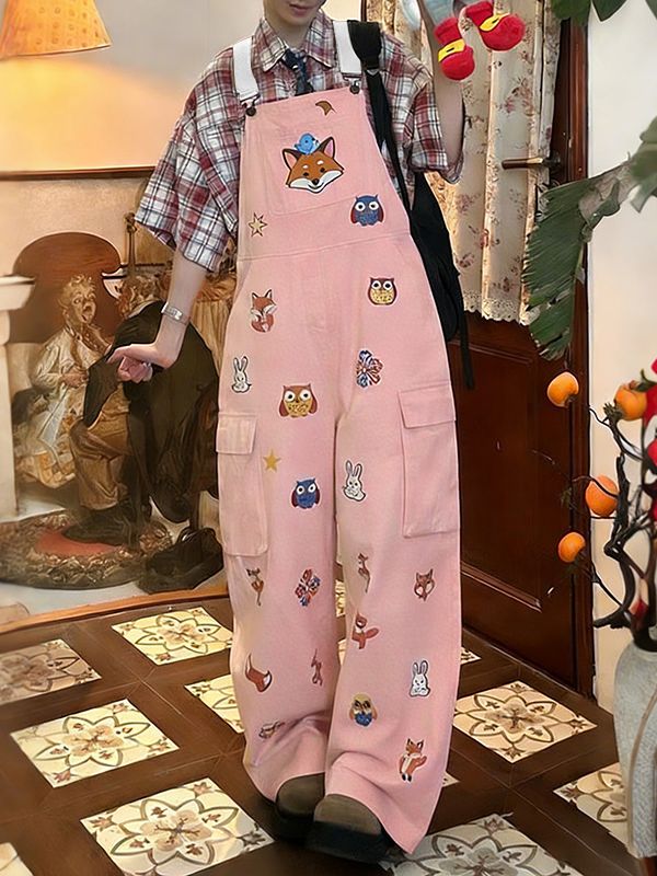 Men's Vintage Japanese Cityboy Cute Cartoon Animal Print Loose Cargo Overall SKUL52906