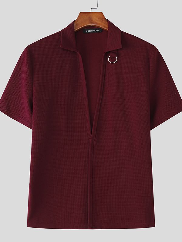 Men's Metal Ring Decor Textured Short Sleeve Shirt SKUL47997