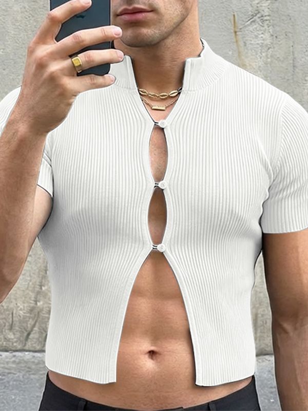Men's Ribbed Slim Fit Mock Neck Cut Out Button Up Cropped T-shirt SKUL56542