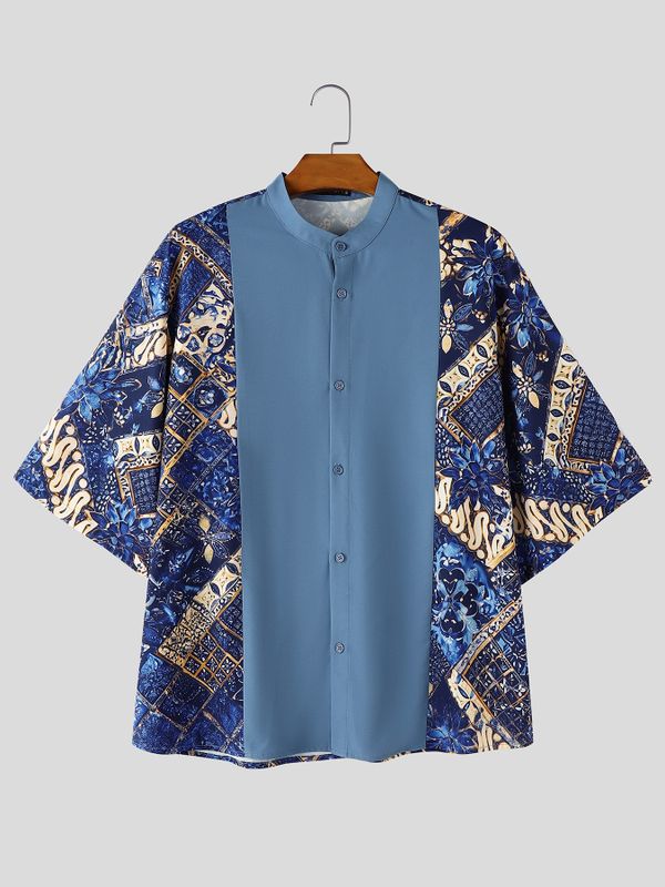 Men's Modern Neo-Chinese Batik Graphic Print Contrast Panel Drop Shoulder Short Sleeve Shirt SKUL73744
