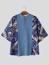 Men's Modern Neo-Chinese Batik Graphic Print Contrast Panel Drop Shoulder Short Sleeve Shirt SKUL73744