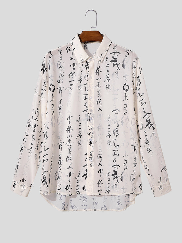 Men's Chinese Character Print Sheer Mesh Long Sleeve Shirt SKUL23478