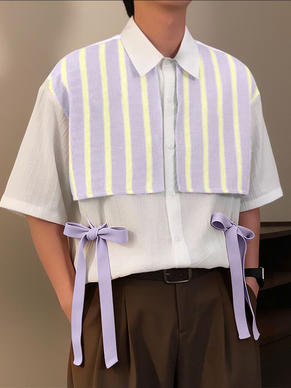 Men's Bow Patchwork Striped Half Sleeve Shirt SKUL39389