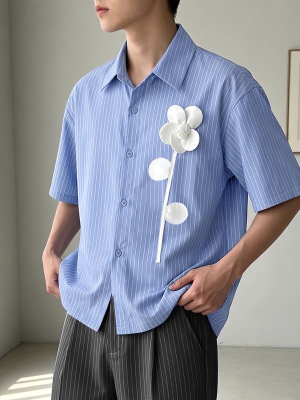 Men's Romantic Retro 3D Floral Applique Striped Boxy Short Sleeve Shirt SKUL77511