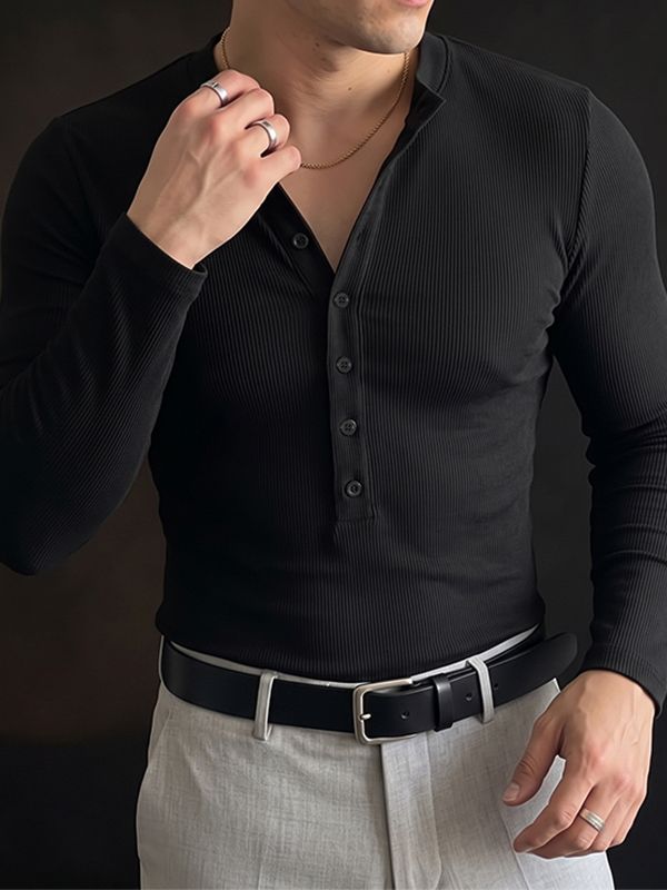 Men's Smart Chic Daily Commute Multi-Button Stand Collar Textured Slim T-shirt SKUL84625