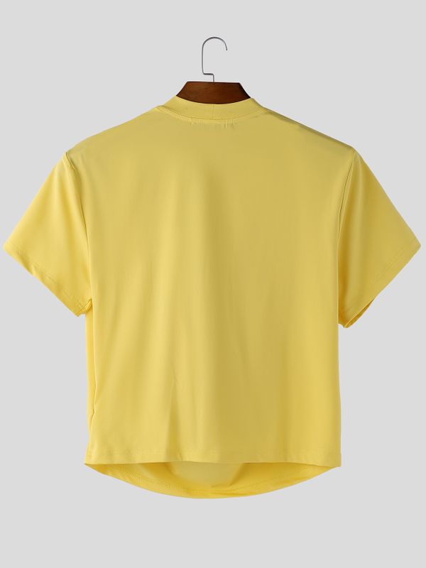 Men's Solid Color Draped Neck Cropped Short Sleeve T-shirt SKUL56615