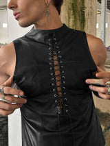 Men's Goth Punk Streetwear Faux Leather Lace Up Front Slim Fit Mock Neck Tank SKUL66977