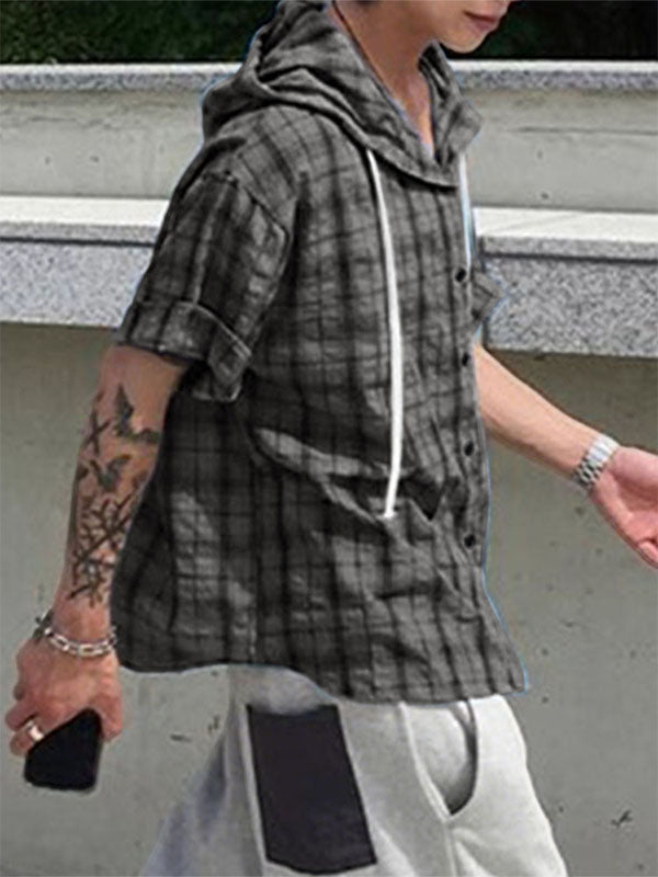 Mens Plaid Hooded Short Sleeve Shirt SKUL21113