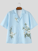 Men's Vintage Botanical Floral Embroidered Cuban Collar Relaxed Fit Short Sleeve Shirt SKUL72584