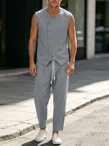 Men's Modern Chinoiserie Asymmetric Diagonal Button Two Pieces Outfit SKUL68426