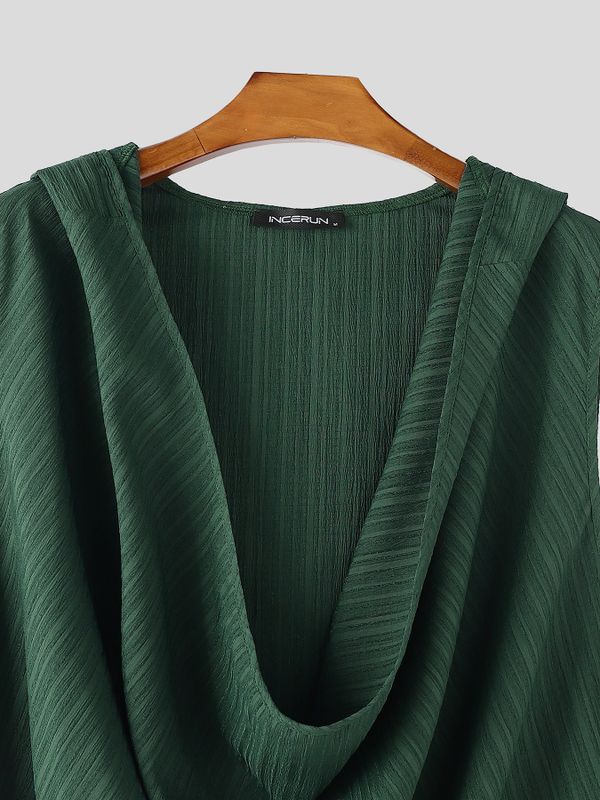 Men's Avant-Garde High Street Deep Cowl Neck Hooded Crinkle Tank SKUL75606