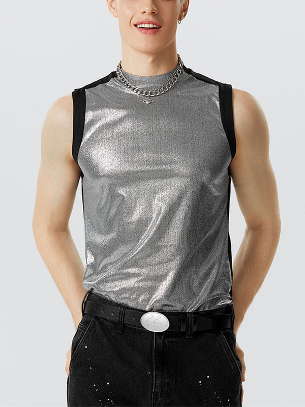 Mens Metallic Patchwork Half-Collar Sleeveless Vest SKUK10315