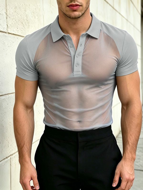 Men's Avant-Garde Semi-Sheer Mesh Raglan Polo Shirt SKUL63041
