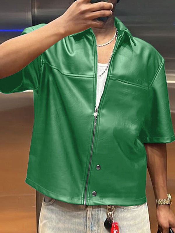 Mens Faux Leather Zip-Up Short Sleeve Shirt SKUL00889