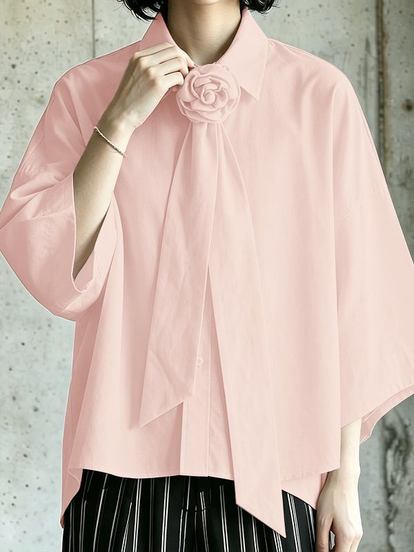 Men's Romantic Avant-Garde Rose Brooch Wide Tie Neck Half Sleeve Shirt SKUL64070