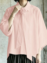 Men's Romantic Avant-Garde Rose Brooch Wide Tie Neck Half Sleeve Shirt SKUL64070
