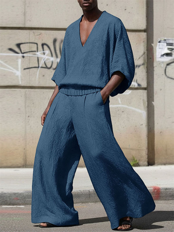 Men's Solid Color Textured V Neck Two Pieces Outfit SKUL54000