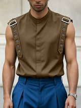 Men's Avant-Garde Industrial Buckled Shoulder Strap Mandarin Collar Sleeveless Shirt SKUL66042