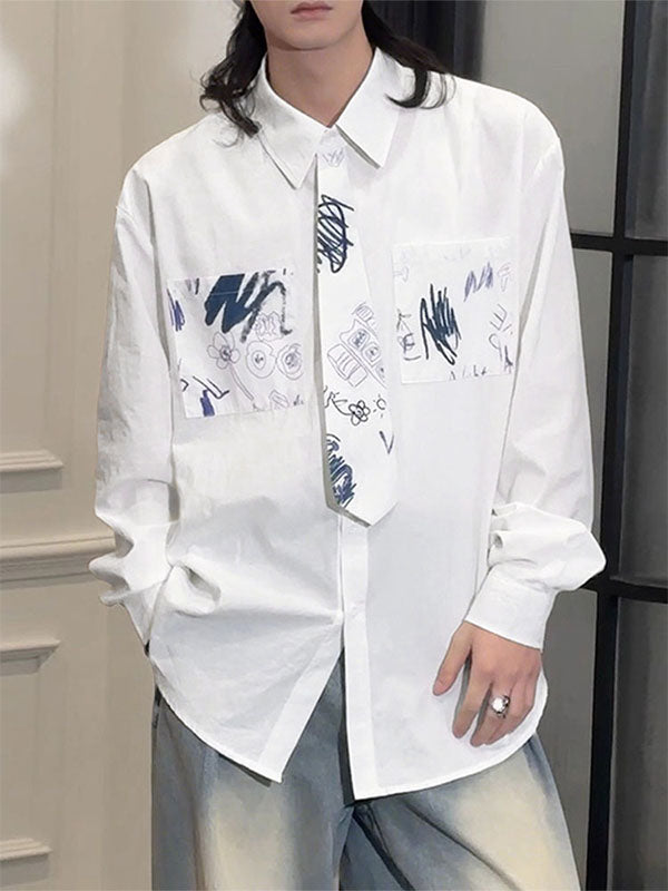 Men's Graffiti Print Faux Tie Long Sleeve Shirt SKUL27354