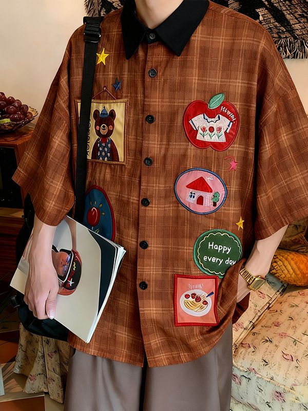 Men's Cartoon Print Plaid Half Sleeve Shirt SKUL45986