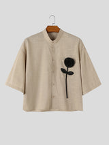 Men's Retro Resort Floral Applique Pocket Feel Drop Shoulder Half Sleeve Band Collar Shirt SKUL81852