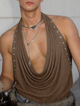 Men's Avant-Garde Ribbed Studded Cowl Halter Tank SKUL57506