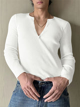 Men's Solid Texture Ribbed Long Sleeve T-Shirt SKUL29521