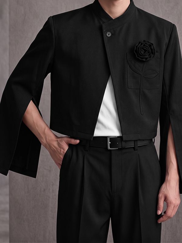 Men's Neo-Chinese Chic Evening Gala 3D Rose Flower Slit Cape Sleeve Mandarin Collar Blazer SKUL85235