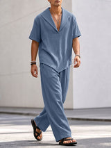 Men's Minimalist Resort Wide Collar Asymmetrical Hem Two Pieces Outfit SKUL74891